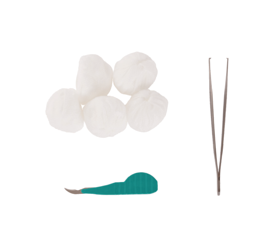 KER70021 SET RIMOZIONE SUTURE 1 PINZA CHIRURGICA ADSON, 1 MINI BISTURI, 5 TAMPONI TNT