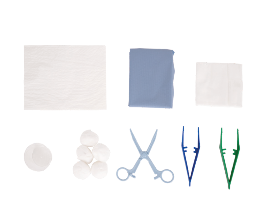ker70055-SET MEDICAZIONE CON 1 TELO 38X45cm, 2 PINZE ANATOMICHE, 1 PINZA KOCHER, 5 TAMPONI DI GARZA, 5 GARZE 10X10 TNT, 1 CIOTOLA 60ml, 1 TOVAGLIETTA ASSORBENTE